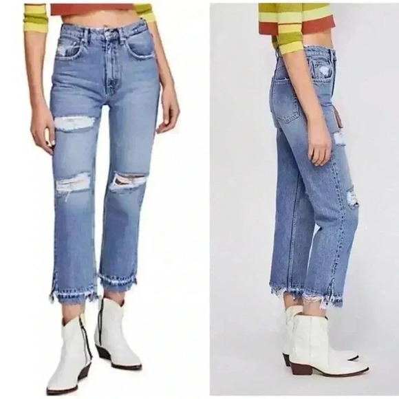 Free People Lita cropped distressed straight leg High Waisted jeans Size 31 - Picture 1 of 8